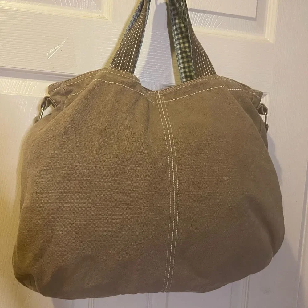 Cotton gray tote/shoulder bag with white & blue plaid lining